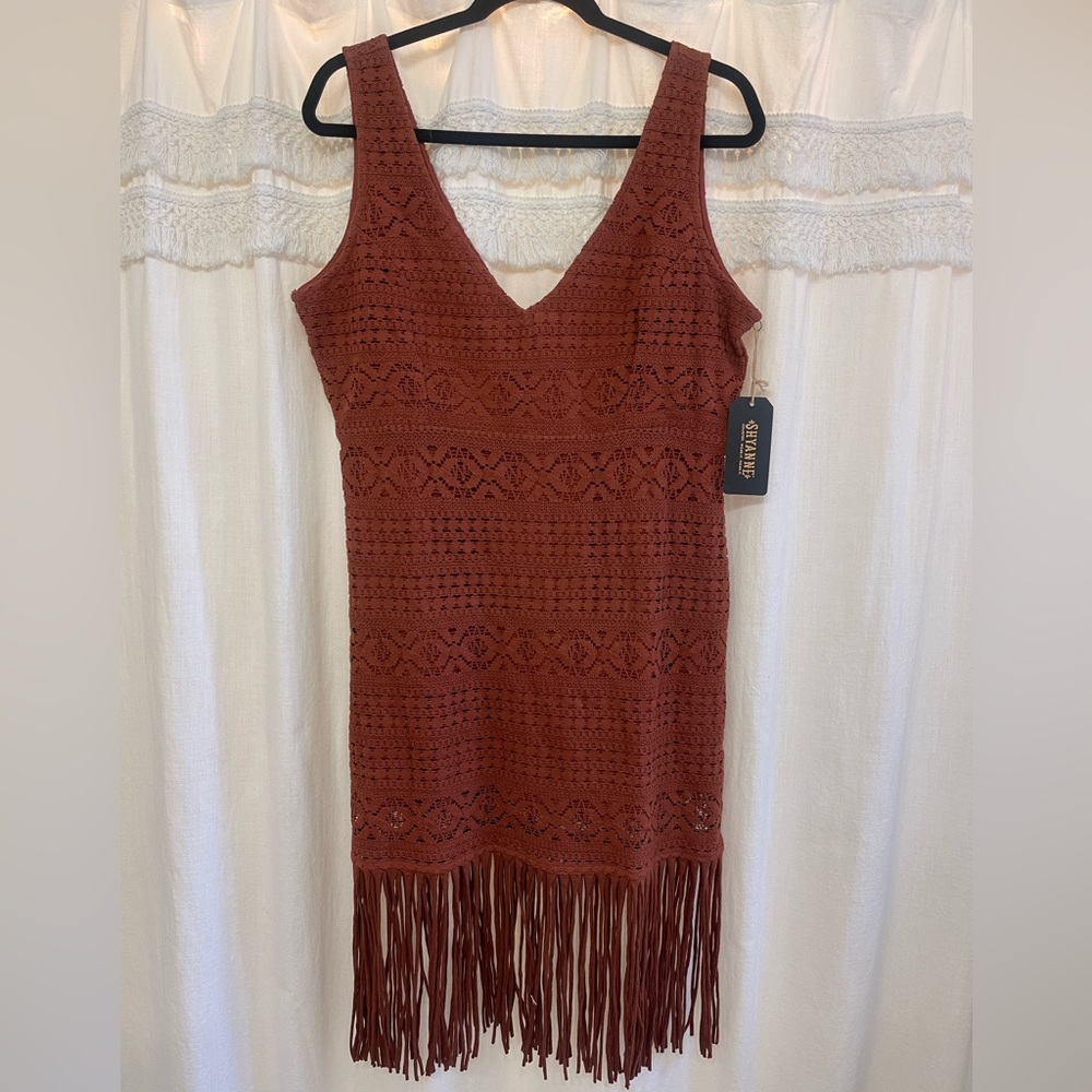 Shyanne Crochet Fringe Dress - Burnt Orange - Size L - Crochet - Fully Lined